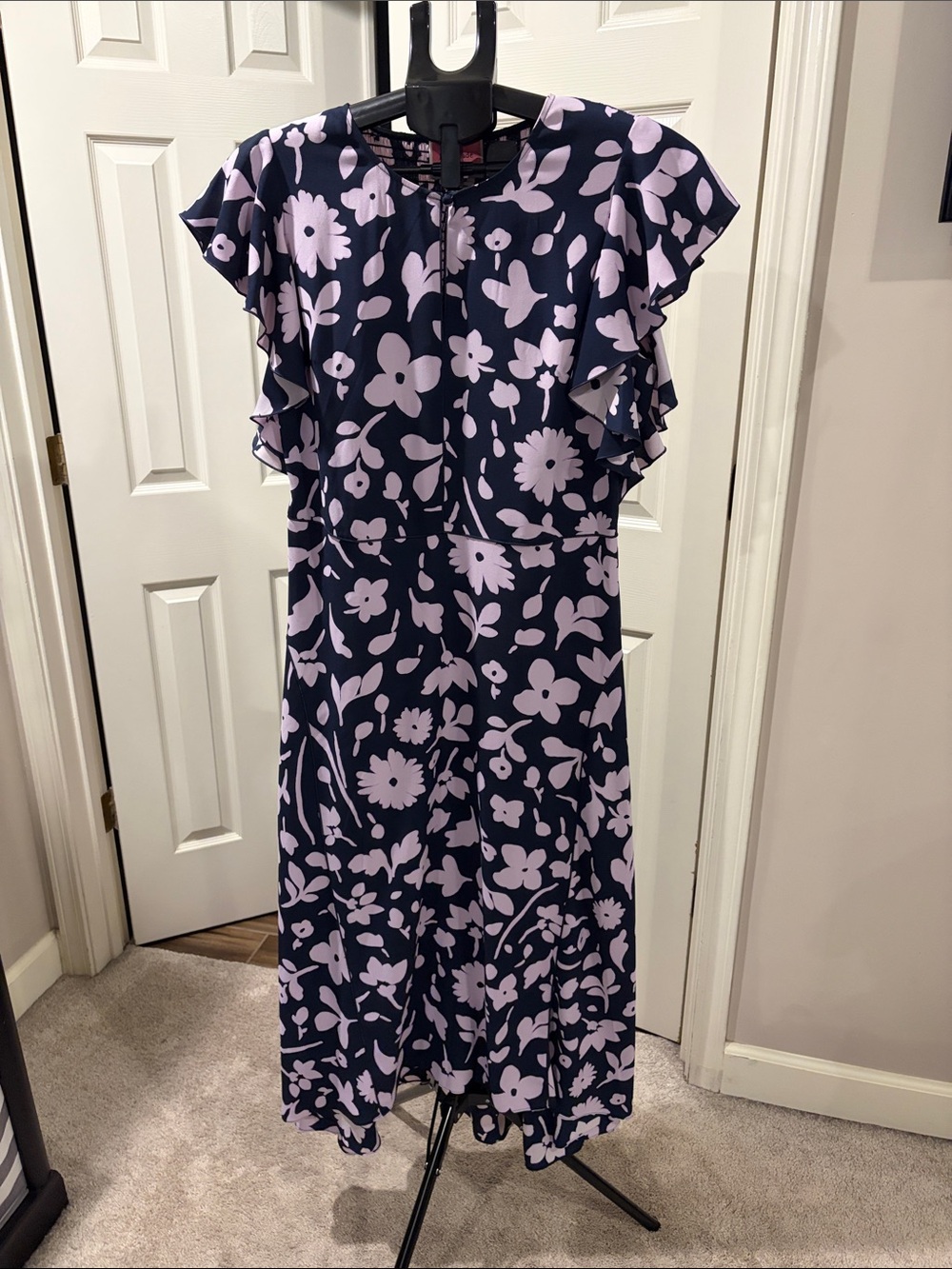 Kate Spade 14 Navy and Light Pink Floral Flutter Sleeve MIDI Dress